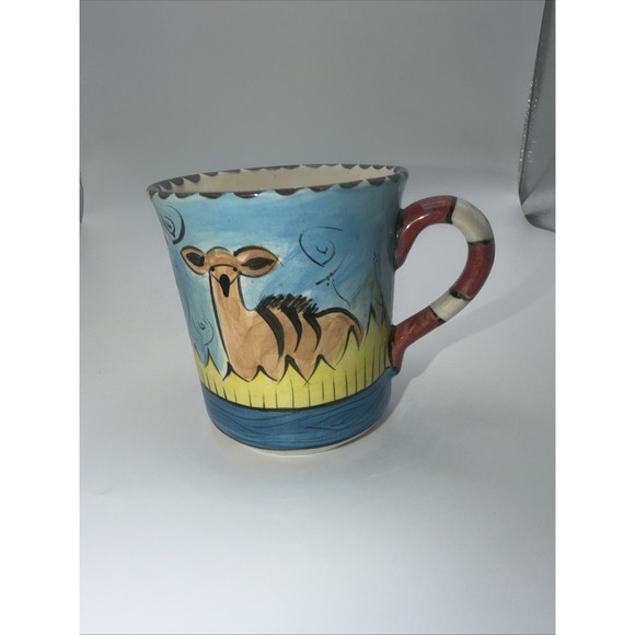 The Unbranded Brand Other - Hand Painted Studio Pottery Deer Mug Signed Artist Stoneware Coffee Cup Unique
